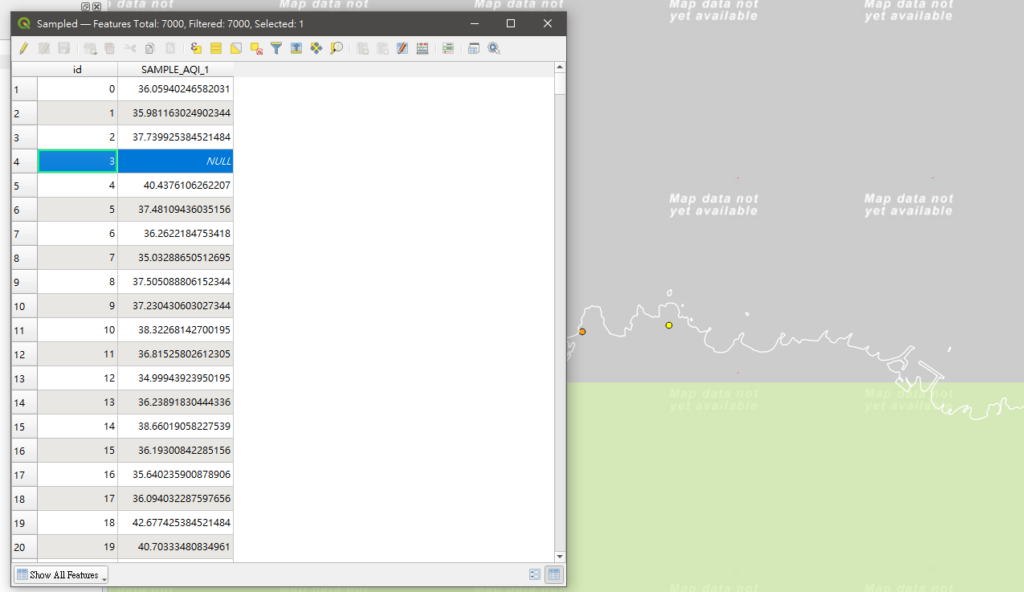 網格資料被成功提取到點位屬性中了，對於沒有資料的區域則是顯示為空值「NULL」