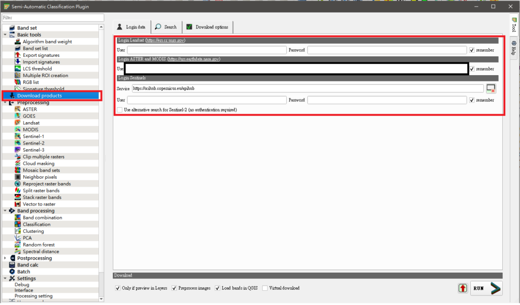 要利用SCP進行影像下載的話，需要先到Download products-Login data中進行設定，其中有三個不同的資料提供平台，這邊採用Sentinel-2(Open access hub)進行示範，可以根據需求去註冊對應平台的帳號密碼後進行設定，這邊建議可以利用之前計算NDWI教學中的幾個網站自行下載影像即可
