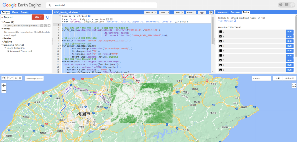 NDVI成果如下，右邊的Task頁面可以保存影像到Google Drive中