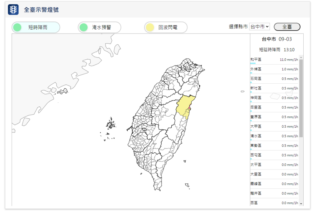 全台短時降雨警示地圖