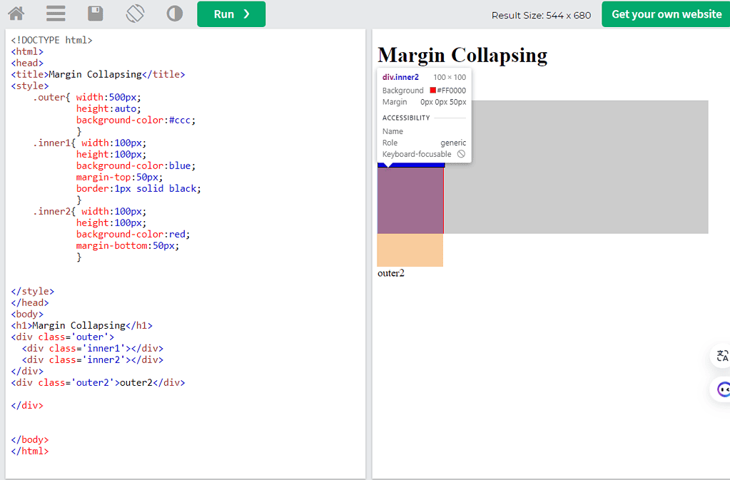 上述的情況同樣會發生在.inner2設定"Margin-bottom"，這邊我們先把父元素的高度設為"auto"，讓高度由子元素撐開，並添加一個outer2元素進行觀察，Margin-bottom的效果同樣作用在了父元素(outer)上